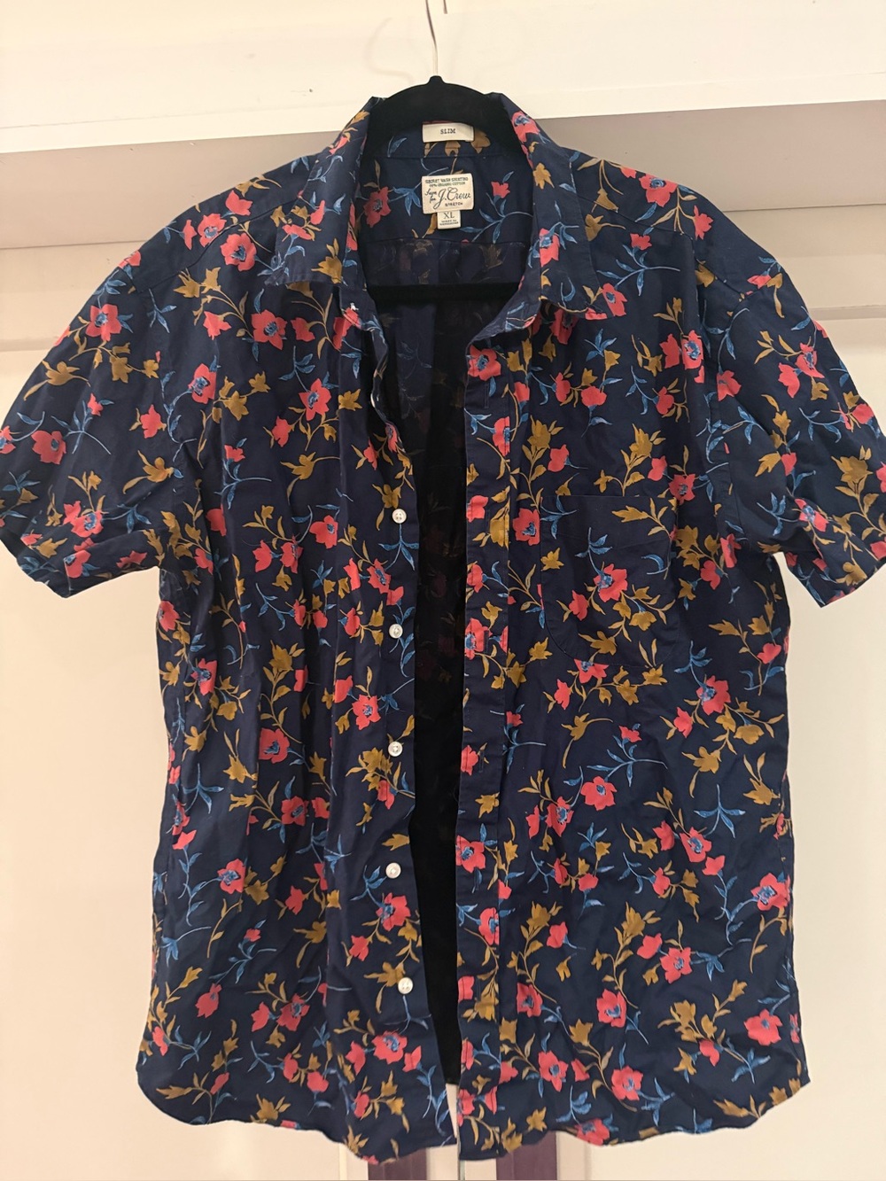 J. Crew Navy Floral Short-Sleeve Button-Down with Pink & Gold Accents